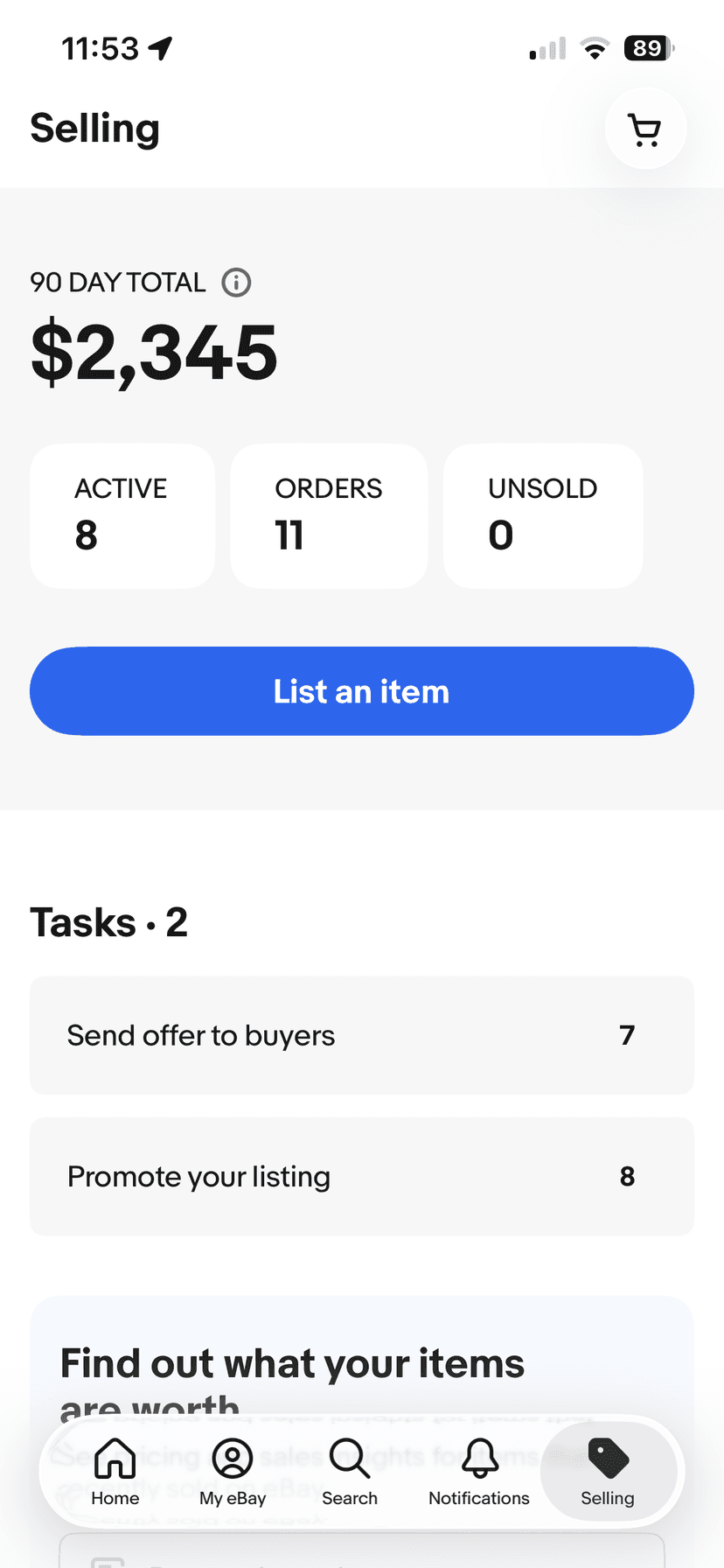 eBay selling dashboard showing $2,345 in 90-day sales
